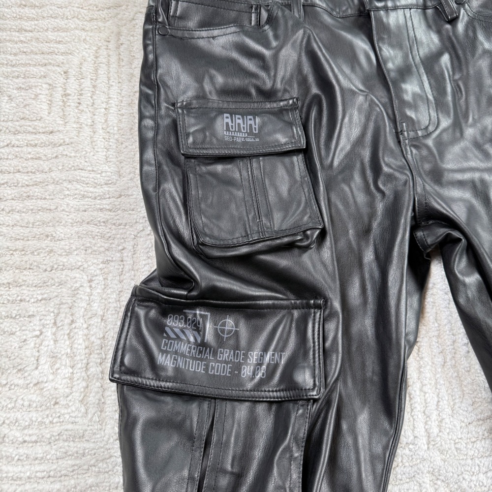 Smoke Rise Cargo Pants Mens 34x36 Black Faux Leather Tech Stacked Goth Moto Long - Picture 7 of 13